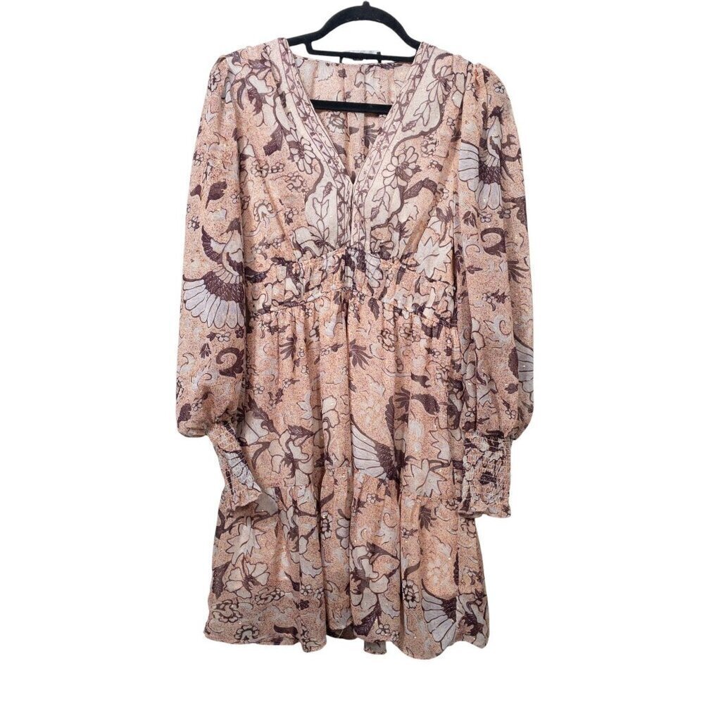 Anthropologie O.P.T Floral Birds Boho Prairie Dress SZ S Cream Brown Fall